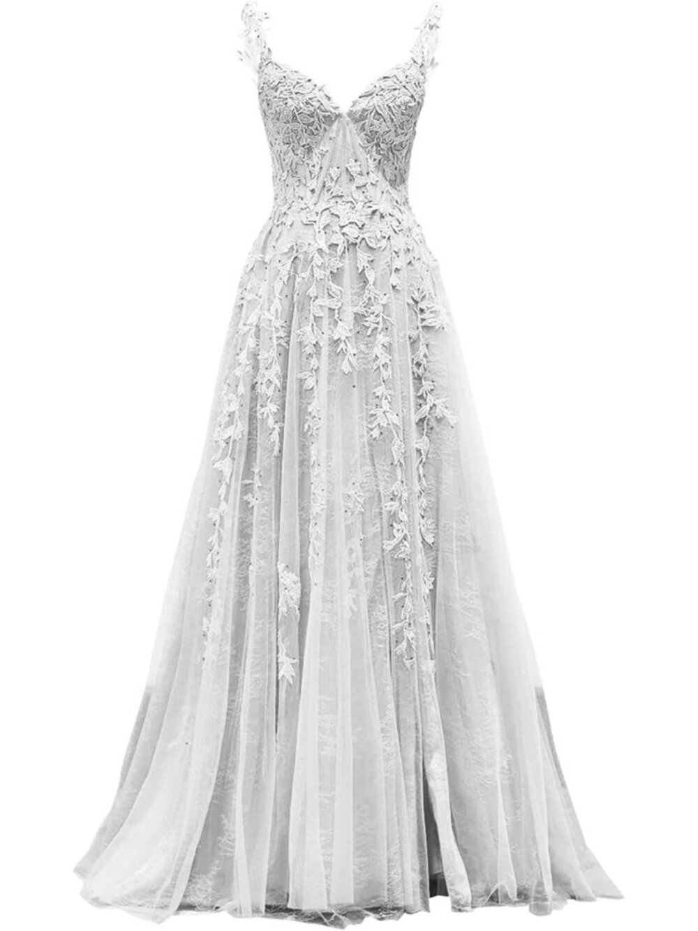 White Lace Tulle Spaghetti Strap Long Ball Gown Prom Formal Dress Sz 12